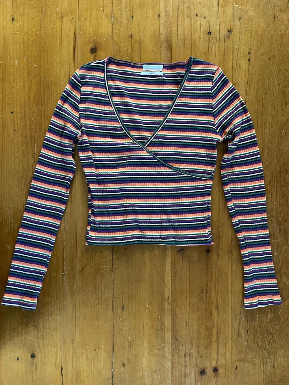 Urban Outfitters Faux Wrap V Neck Retro Stripe 100% Cotton Rib Knit Crop Top